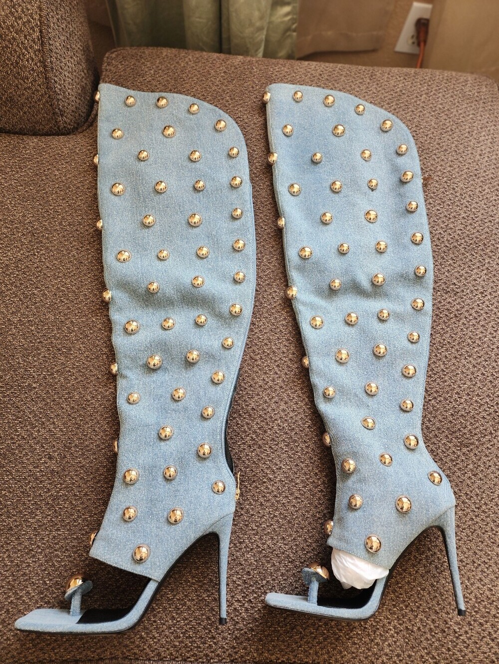 IYKYK I Am Jennifer Le Big Gold Studded Over-the-Knee Denim Stiletto Boot - Picture 5 of 10